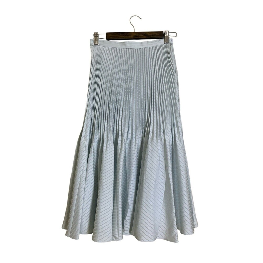Club Monaco Pleated Midi Skirt Womens 0 Light Blue Striped A-Line Flare - Picture 2 of 6